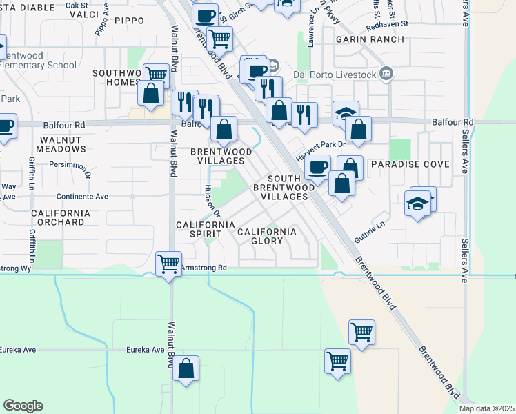 map of restaurants, bars, coffee shops, grocery stores, and more near 3089 Mills Drive in Brentwood