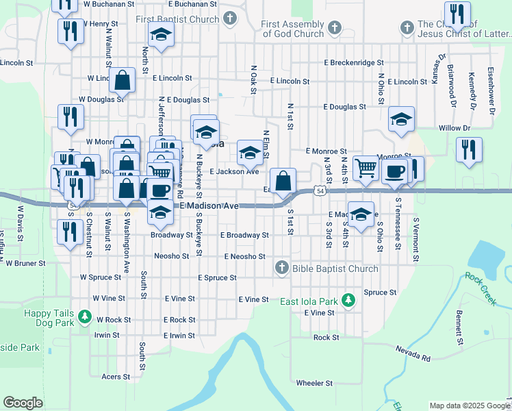 map of restaurants, bars, coffee shops, grocery stores, and more near 698 East Madison Avenue in Iola