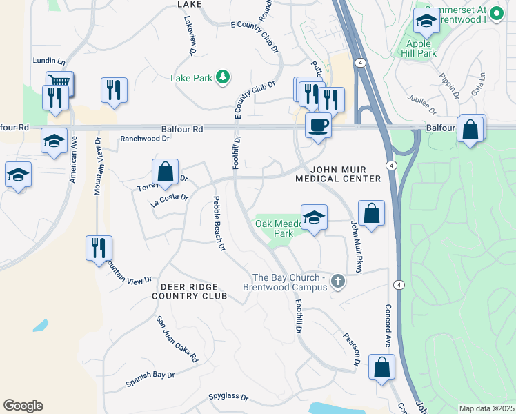 map of restaurants, bars, coffee shops, grocery stores, and more near 221 Chaparral Drive in Brentwood