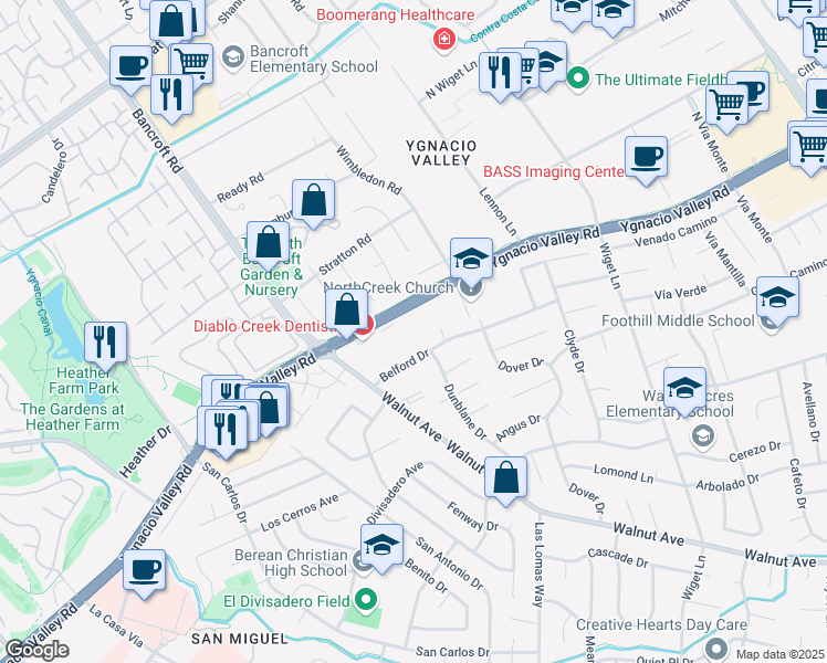 map of restaurants, bars, coffee shops, grocery stores, and more near 2175 Ygnacio Valley Road in Walnut Creek