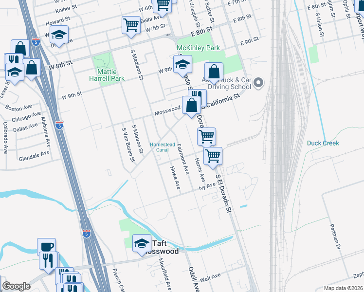 map of restaurants, bars, coffee shops, grocery stores, and more near 2833 Fairmont Avenue in Stockton