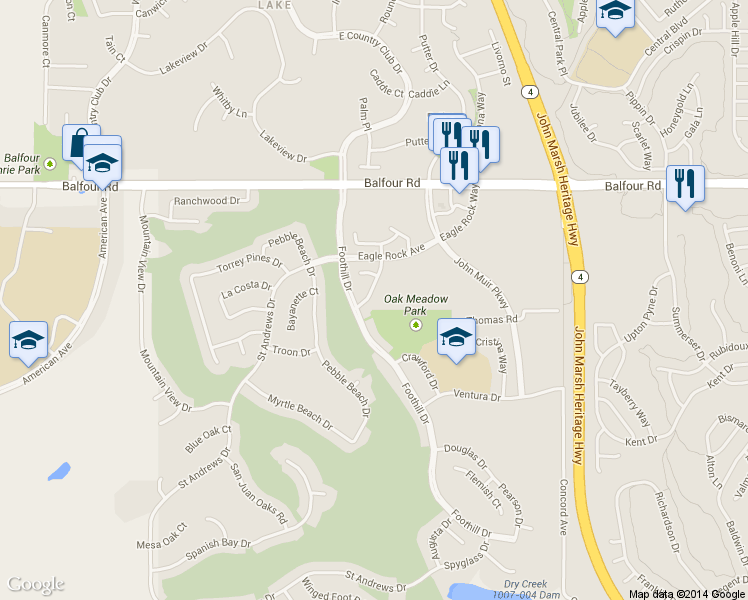 map of restaurants, bars, coffee shops, grocery stores, and more near 218 Chaparral Drive in Brentwood