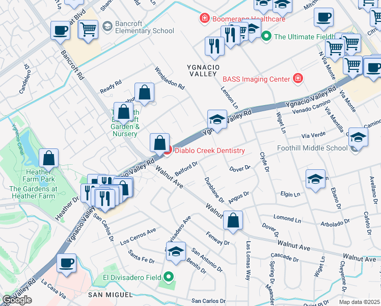 map of restaurants, bars, coffee shops, grocery stores, and more near 2175 Ygnacio Valley Road in Walnut Creek
