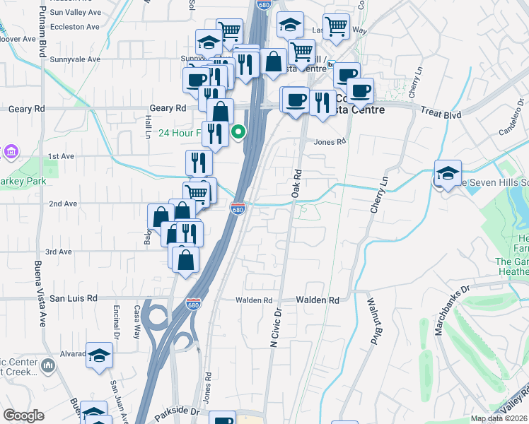 map of restaurants, bars, coffee shops, grocery stores, and more near 2675 Oak Road in Walnut Creek