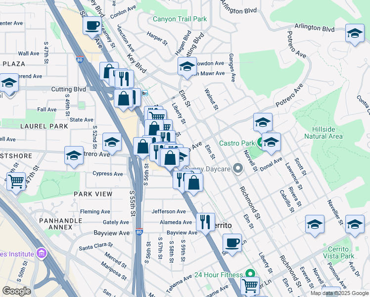 map of restaurants, bars, coffee shops, grocery stores, and more near 6523 Potrero Avenue in El Cerrito