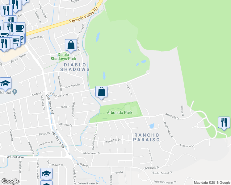map of restaurants, bars, coffee shops, grocery stores, and more near 495 Boundary Oak Way in Walnut Creek