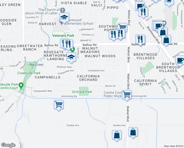 map of restaurants, bars, coffee shops, grocery stores, and more near 497 Edgefield Place in Brentwood