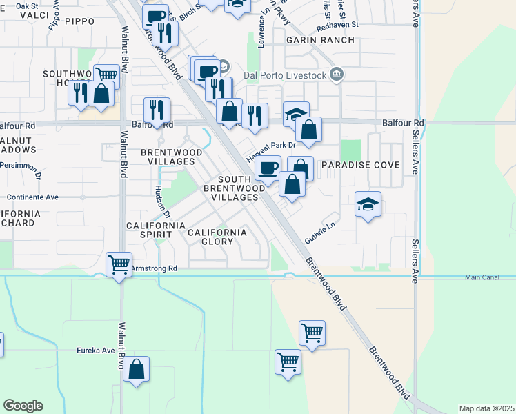 map of restaurants, bars, coffee shops, grocery stores, and more near 300 Alta Street in Brentwood