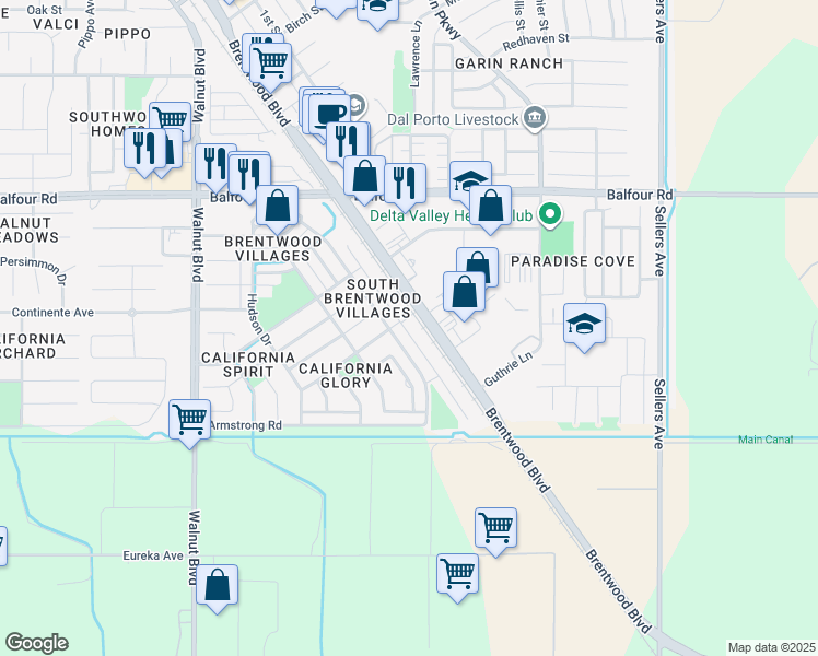 map of restaurants, bars, coffee shops, grocery stores, and more near 300 Alta Street in Brentwood