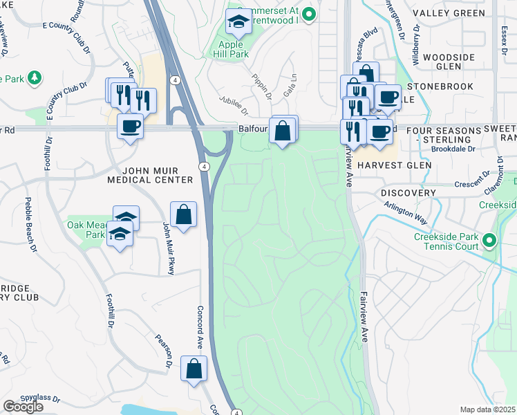 map of restaurants, bars, coffee shops, grocery stores, and more near 225 Upton Pyne Drive in Brentwood