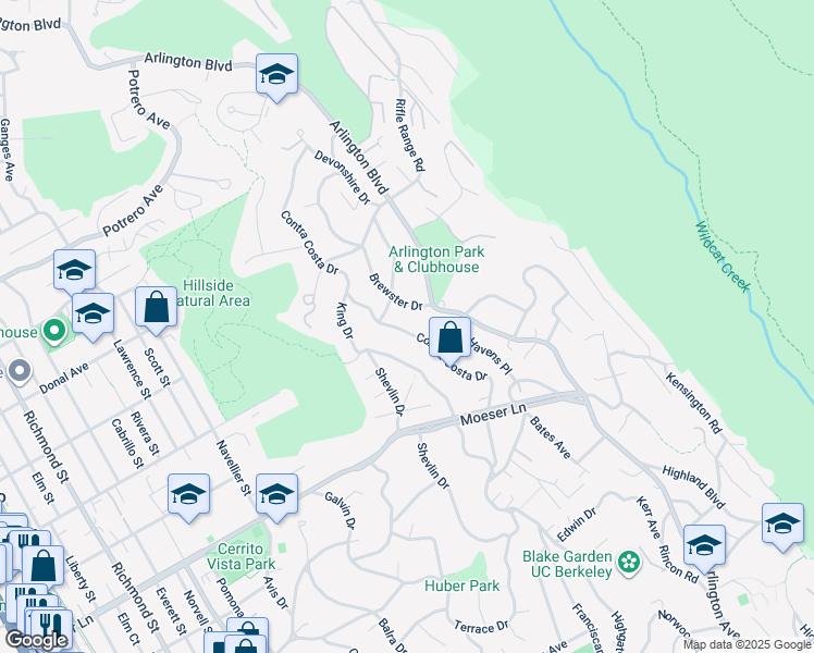 map of restaurants, bars, coffee shops, grocery stores, and more near 1120 Contra Costa Drive in El Cerrito