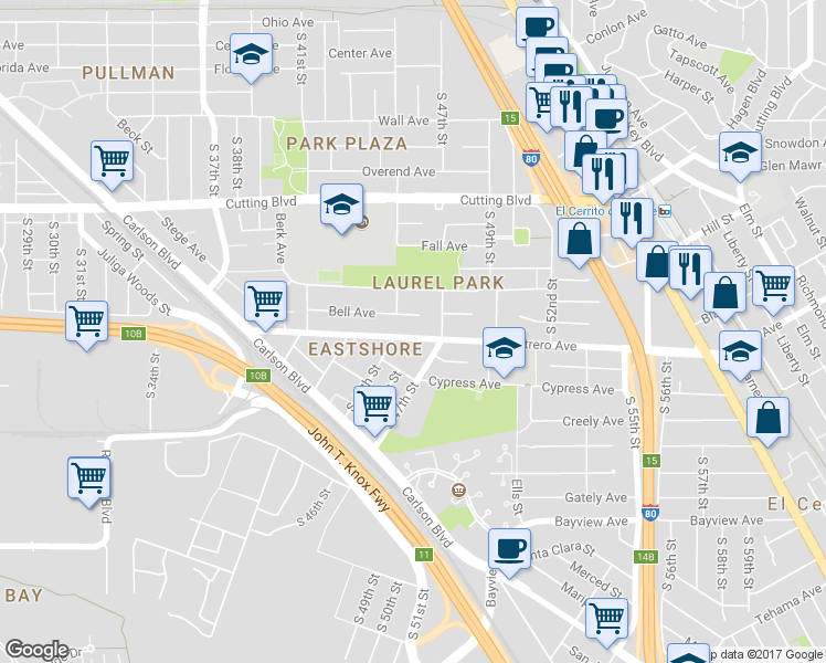 map of restaurants, bars, coffee shops, grocery stores, and more near 4525 Potrero Avenue in Richmond