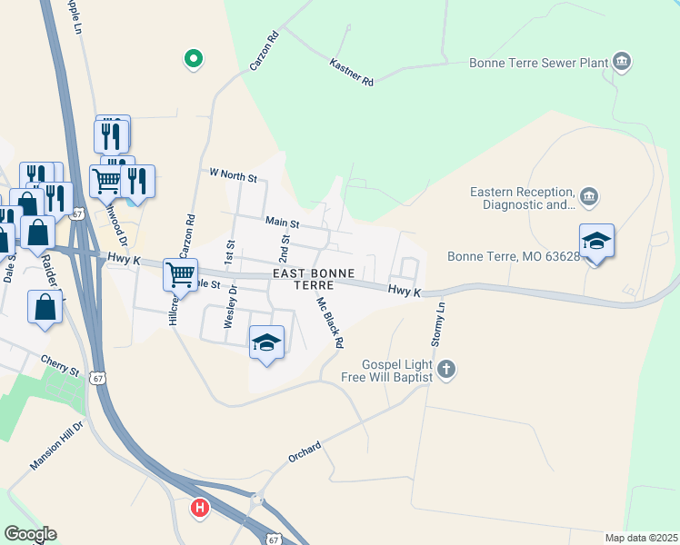 map of restaurants, bars, coffee shops, grocery stores, and more near 2523 Highway K in Bonne Terre