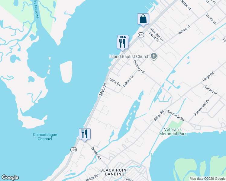 map of restaurants, bars, coffee shops, grocery stores, and more near 7228 Fisher Dr in Chincoteague Island