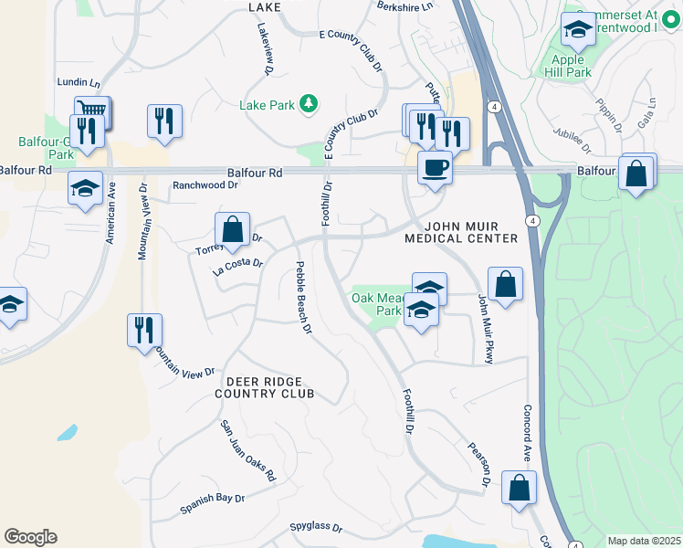 map of restaurants, bars, coffee shops, grocery stores, and more near 221 Chaparral Drive in Brentwood