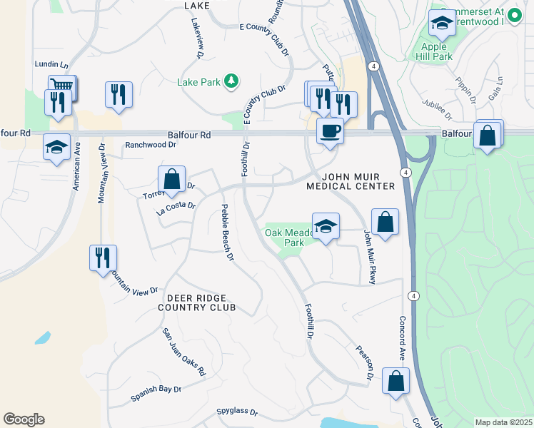 map of restaurants, bars, coffee shops, grocery stores, and more near 218 Chaparral Drive in Brentwood