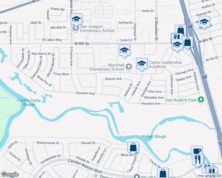 map of restaurants, bars, coffee shops, grocery stores, and more near 2726 Horizon Court in Stockton