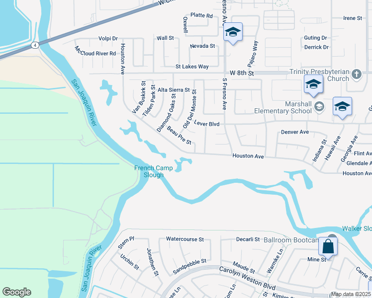 map of restaurants, bars, coffee shops, grocery stores, and more near 2037 Houston Avenue in Stockton