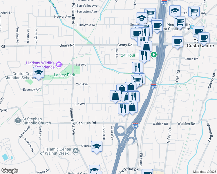 map of restaurants, bars, coffee shops, grocery stores, and more near 1651 2nd Avenue in Walnut Creek