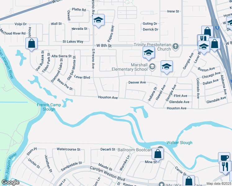map of restaurants, bars, coffee shops, grocery stores, and more near 1616 Meridian Drive in Stockton