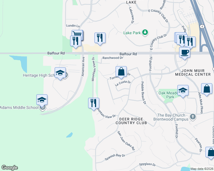 map of restaurants, bars, coffee shops, grocery stores, and more near 2647 Torrey Pines Drive in Brentwood