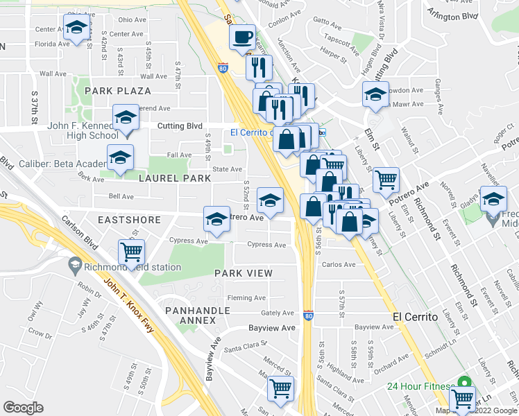map of restaurants, bars, coffee shops, grocery stores, and more near 5210 Gordon Avenue in El Cerrito
