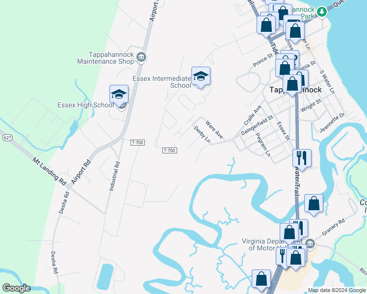 map of restaurants, bars, coffee shops, grocery stores, and more near 1147 Clanton Drive in Tappahannock