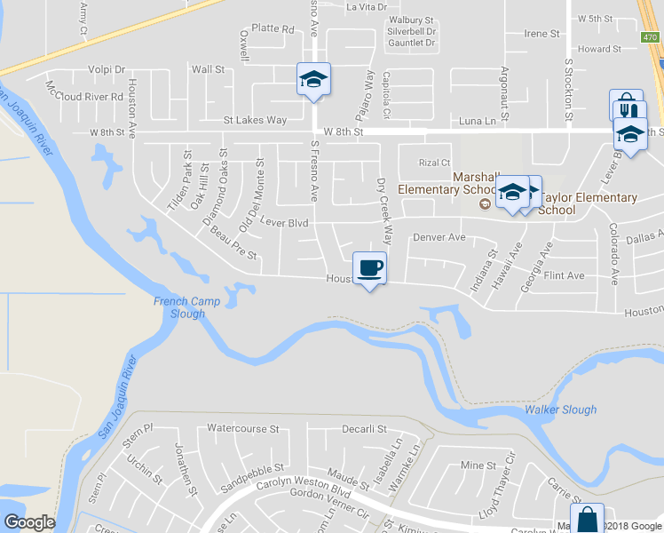 map of restaurants, bars, coffee shops, grocery stores, and more near 2750 South Fresno Avenue in Stockton