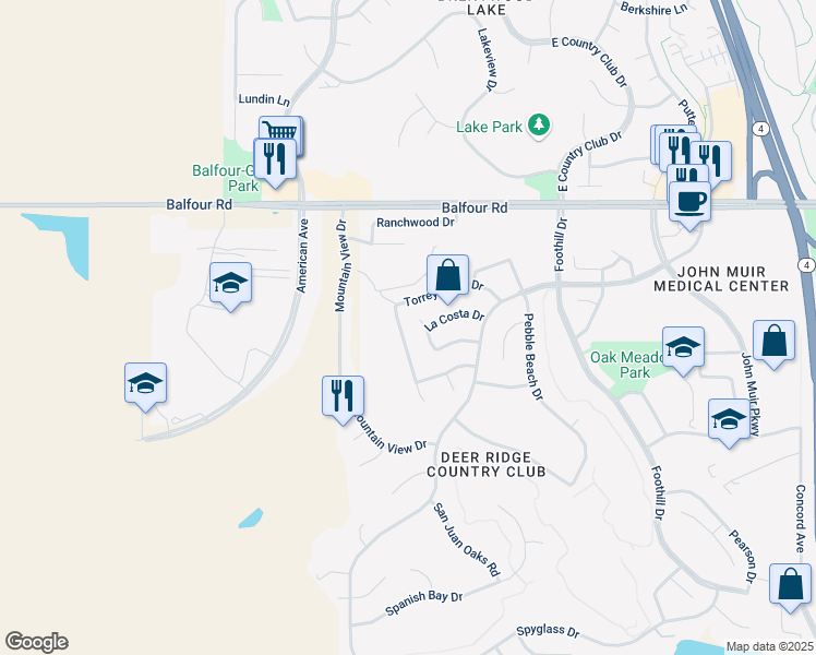 map of restaurants, bars, coffee shops, grocery stores, and more near 2646 Torrey Pines Drive in Brentwood