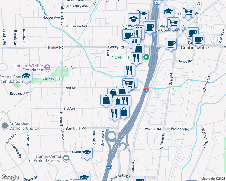map of restaurants, bars, coffee shops, grocery stores, and more near 2683 Baldwin Lane in Walnut Creek