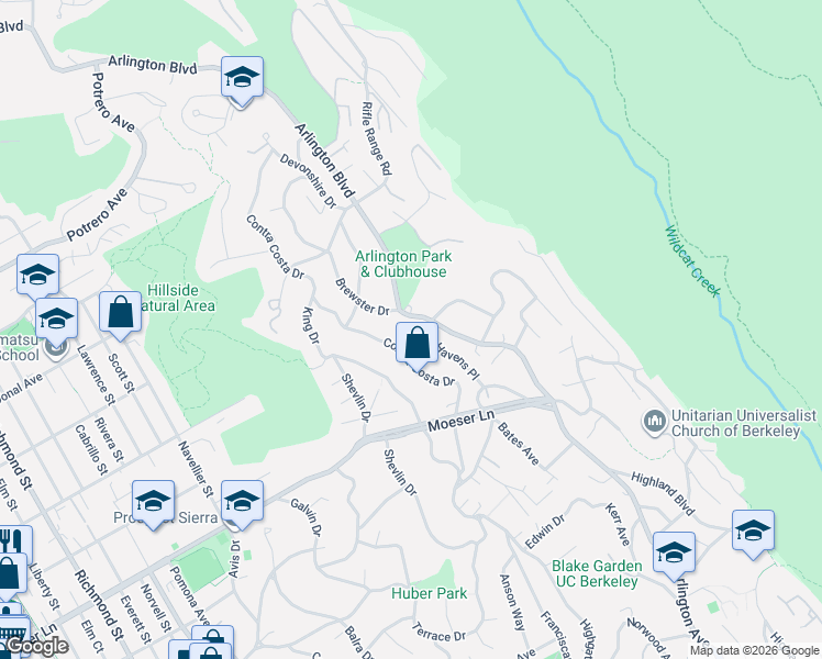 map of restaurants, bars, coffee shops, grocery stores, and more near 1095 Arlington Boulevard in El Cerrito