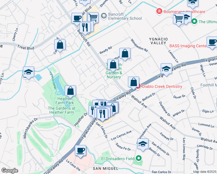 map of restaurants, bars, coffee shops, grocery stores, and more near 220 Park Lake Circle in Walnut Creek