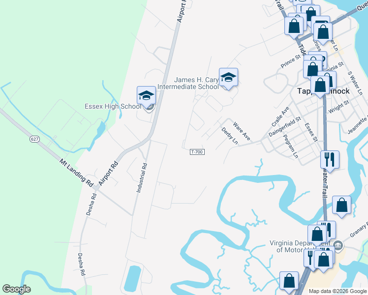 map of restaurants, bars, coffee shops, grocery stores, and more near 1150 Marsh Street in Tappahannock