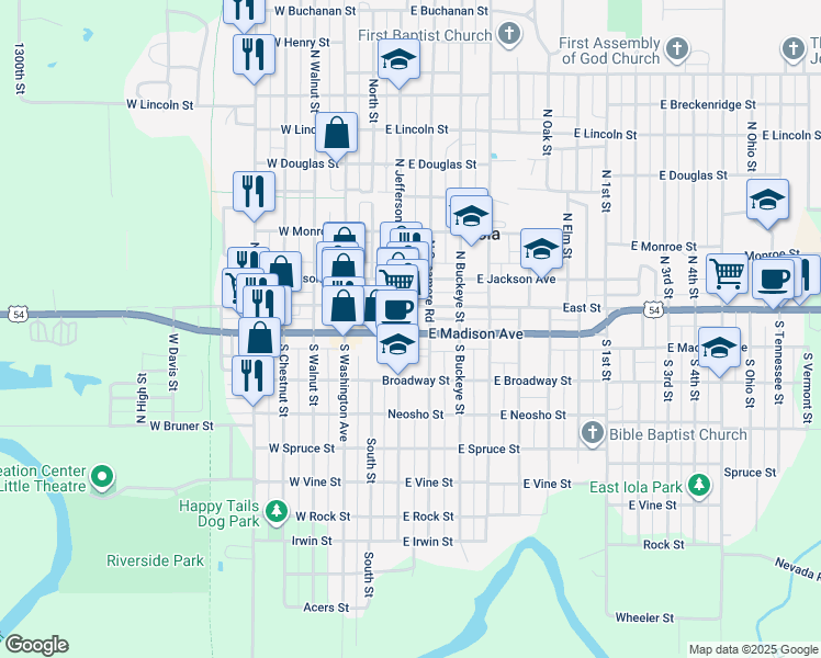 map of restaurants, bars, coffee shops, grocery stores, and more near 108 East Madison Avenue in Iola