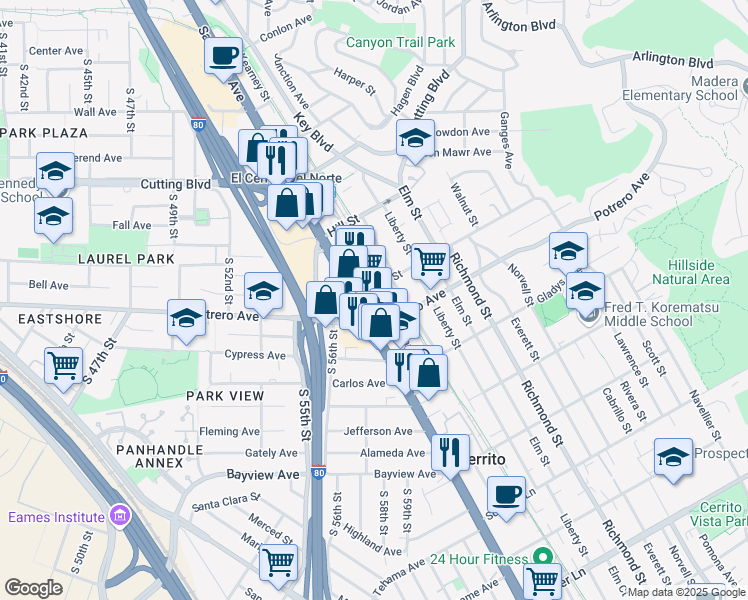 map of restaurants, bars, coffee shops, grocery stores, and more near 1614 Kearney Street in El Cerrito