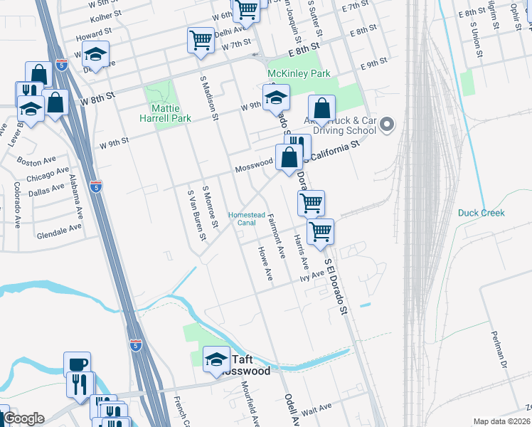 map of restaurants, bars, coffee shops, grocery stores, and more near 2833 Fairmont Avenue in Stockton