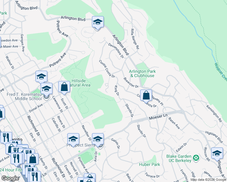 map of restaurants, bars, coffee shops, grocery stores, and more near 1237 King Dr in El Cerrito