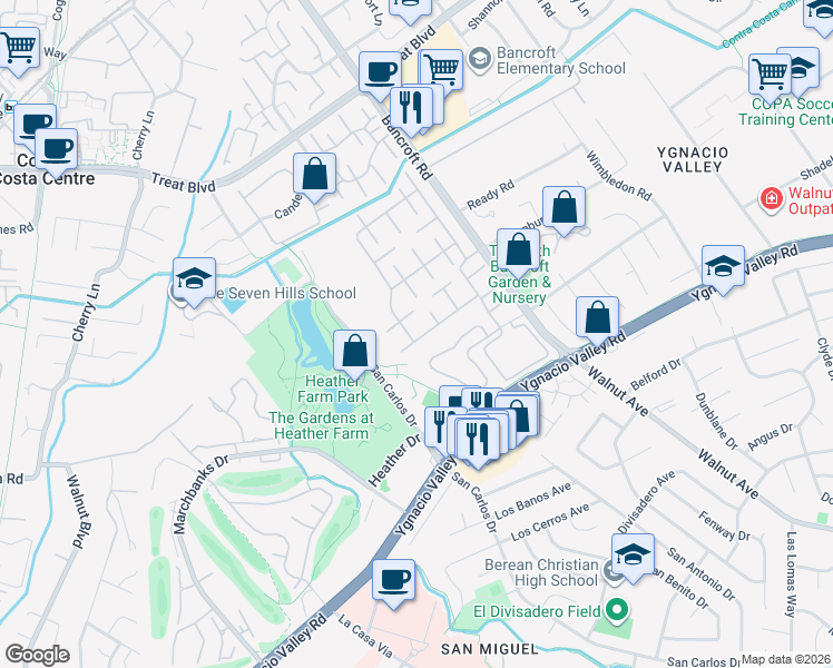 map of restaurants, bars, coffee shops, grocery stores, and more near 1913 Vía Appia in Walnut Creek
