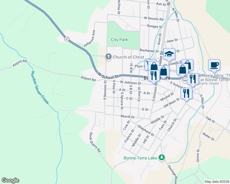 map of restaurants, bars, coffee shops, grocery stores, and more near 206 South Pine Street in Bonne Terre
