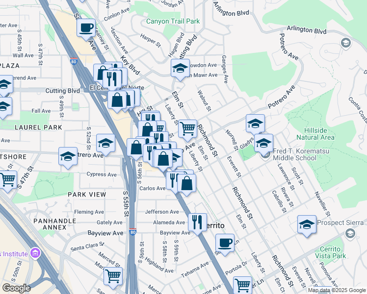 map of restaurants, bars, coffee shops, grocery stores, and more near 6523 Potrero Avenue in El Cerrito