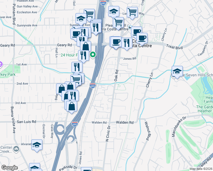 map of restaurants, bars, coffee shops, grocery stores, and more near in Walnut Creek