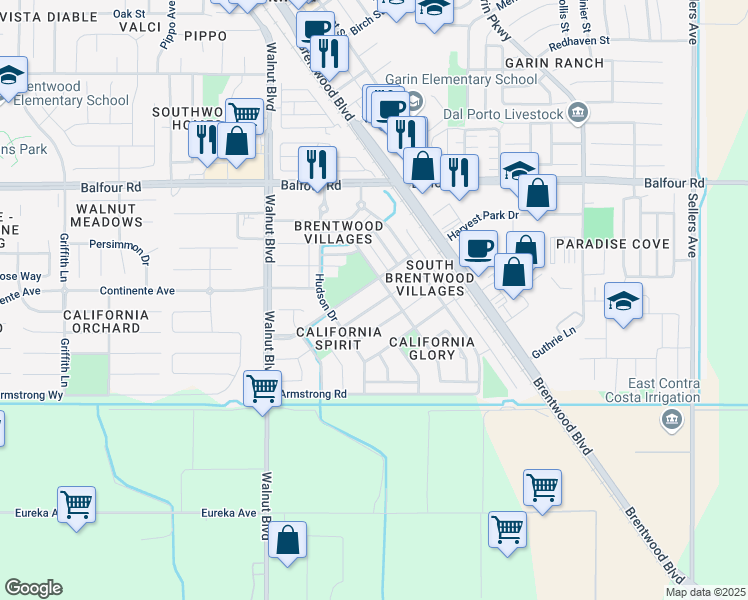map of restaurants, bars, coffee shops, grocery stores, and more near 4735 Ford Street in Brentwood