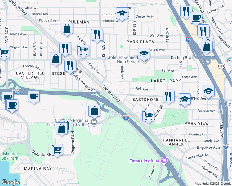 map of restaurants, bars, coffee shops, grocery stores, and more near 87 Potrero Avenue in Richmond