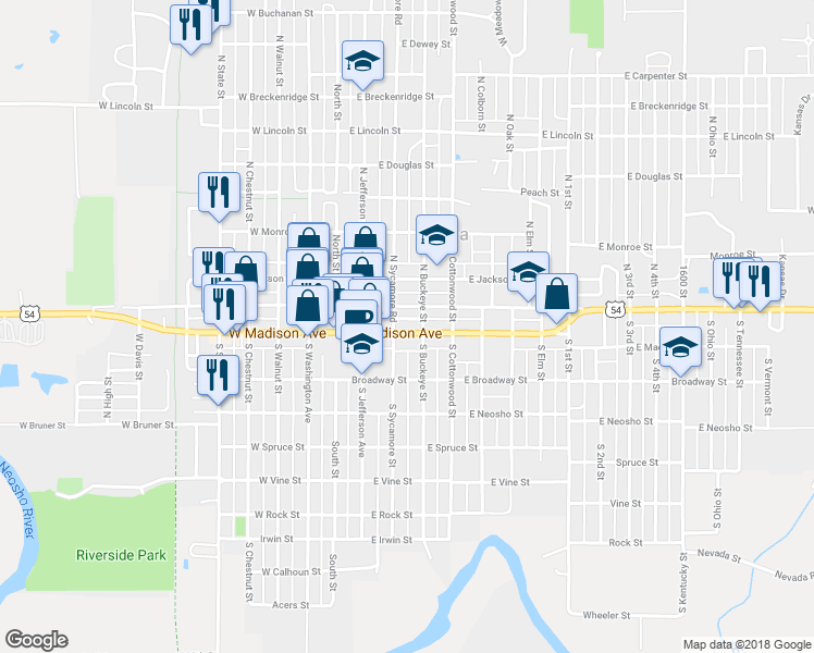 map of restaurants, bars, coffee shops, grocery stores, and more near 218 East Madison Avenue in Iola