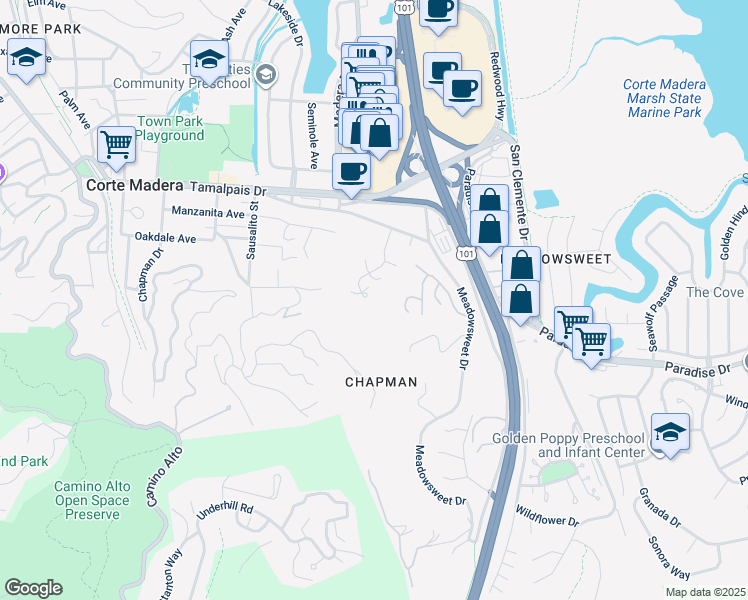map of restaurants, bars, coffee shops, grocery stores, and more near 18 Laurel Drive in Corte Madera