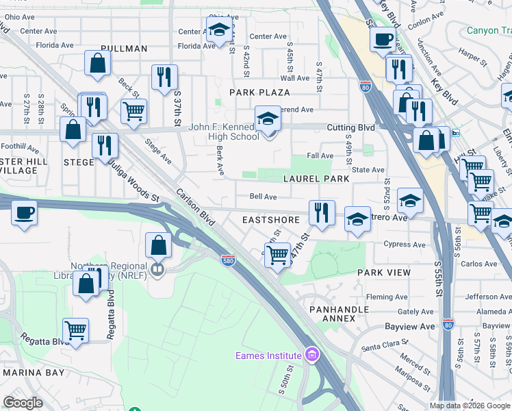 map of restaurants, bars, coffee shops, grocery stores, and more near 4215 Potrero Avenue in Richmond