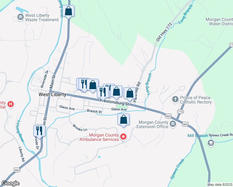 map of restaurants, bars, coffee shops, grocery stores, and more near 100 Liberty Heights Court in West Liberty