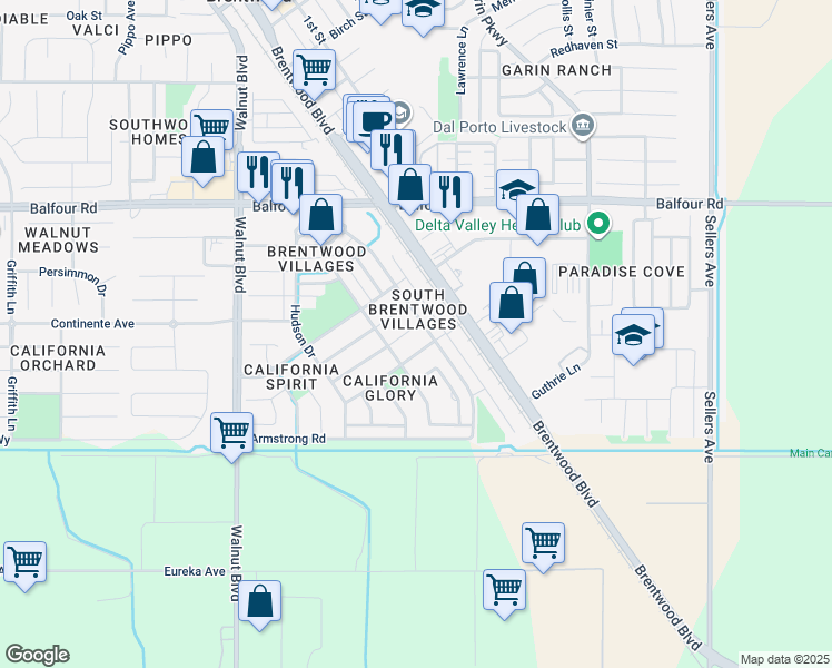 map of restaurants, bars, coffee shops, grocery stores, and more near 276 Christenson Court in Brentwood