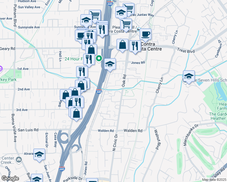 map of restaurants, bars, coffee shops, grocery stores, and more near 2675 Oak Road in Walnut Creek