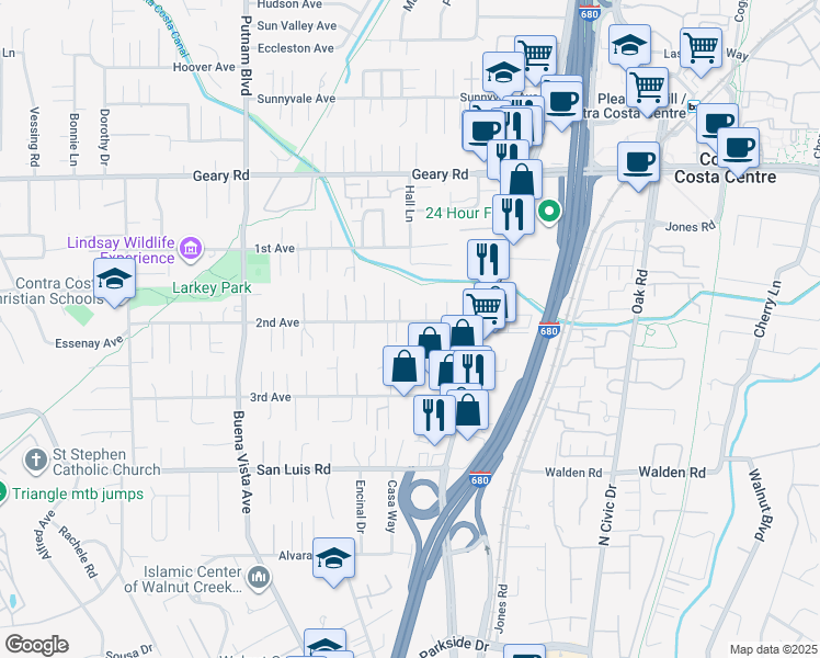 map of restaurants, bars, coffee shops, grocery stores, and more near 2683 Baldwin Lane in Walnut Creek